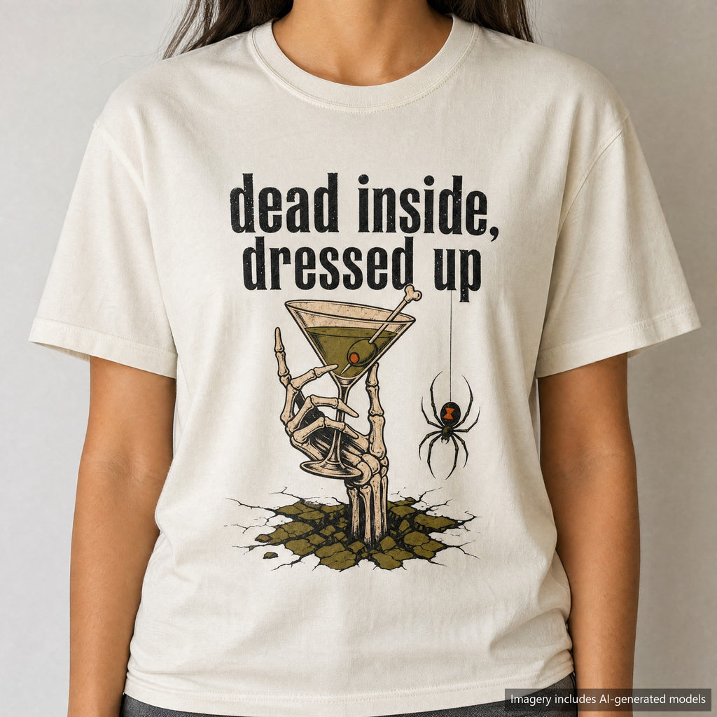 Dead Inside Dressed Up Skeleton Hand T-shirt, laid flat
