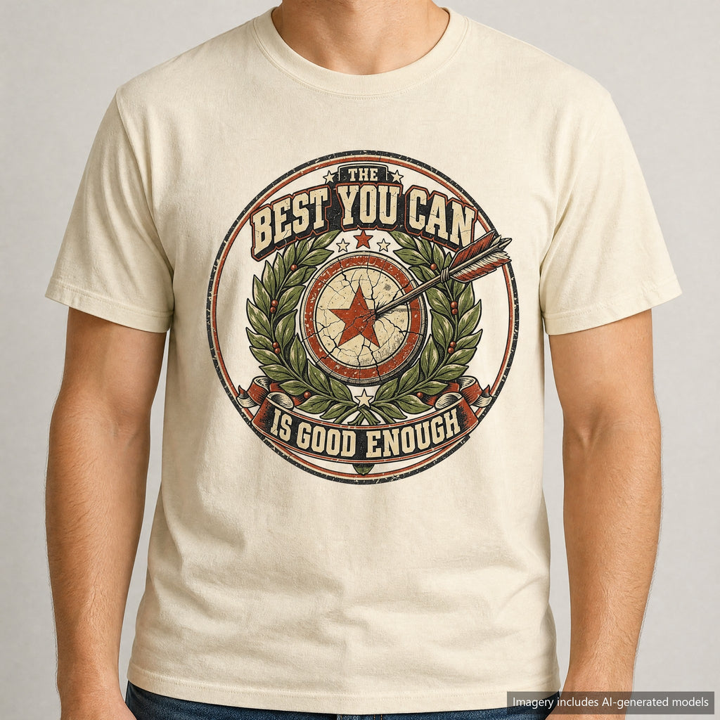 The Best You Can Is Good Enough Laurel Wreath Medallion T-shirt, laid flat