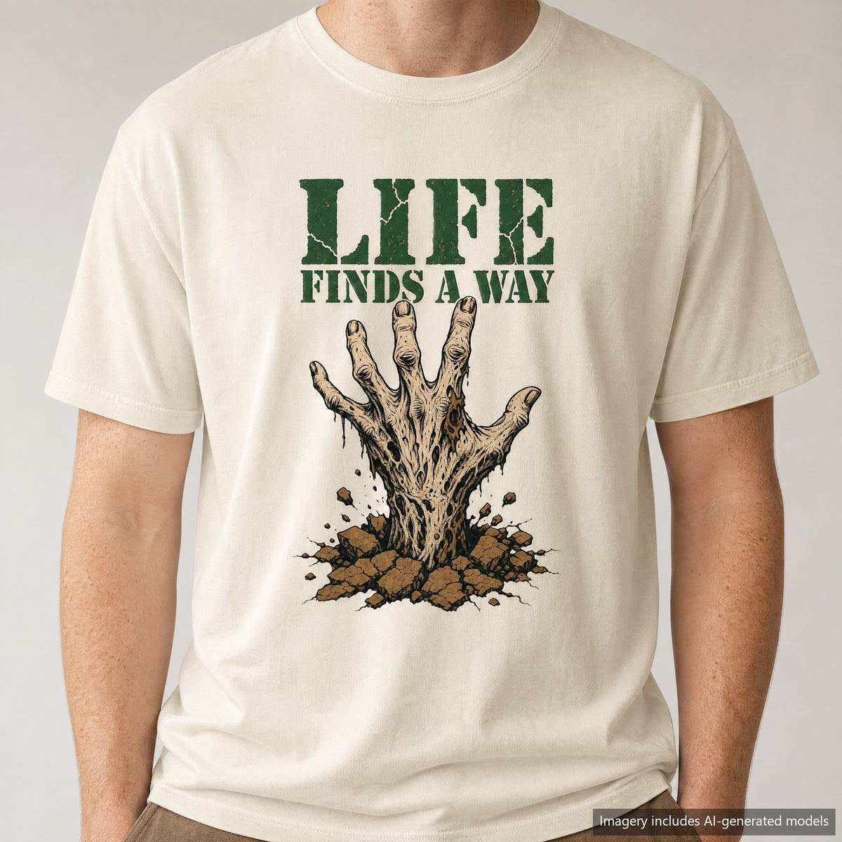 Life Finds A Way T-shirt, laid flat