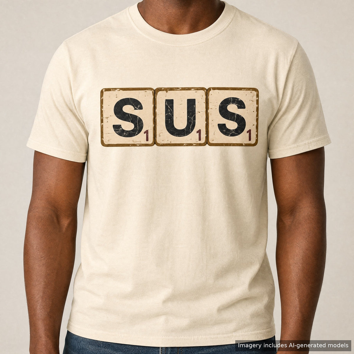 SUS Scrabble Tiles T-shirt, laid flat