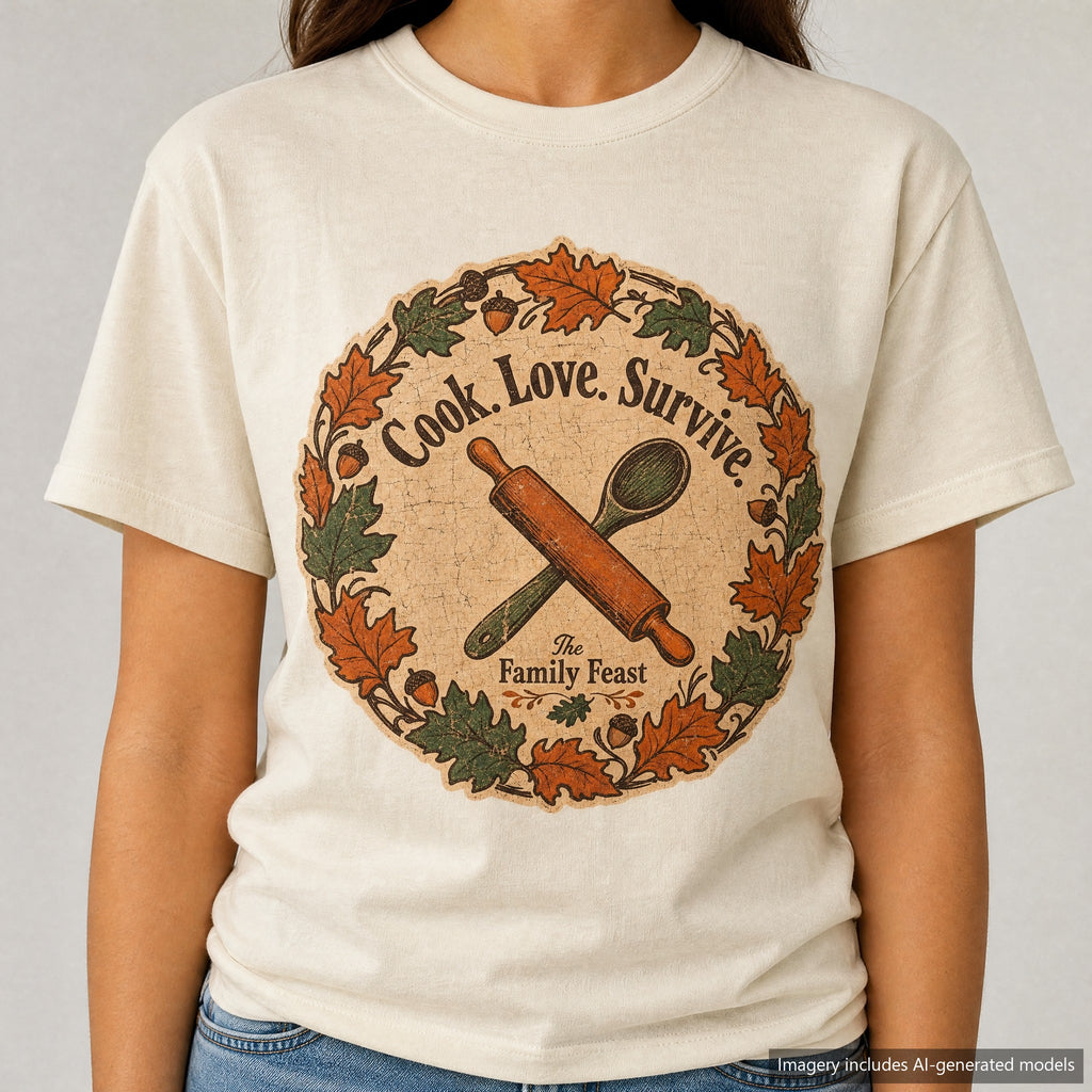 Cook Love Survive T-shirt, laid flat