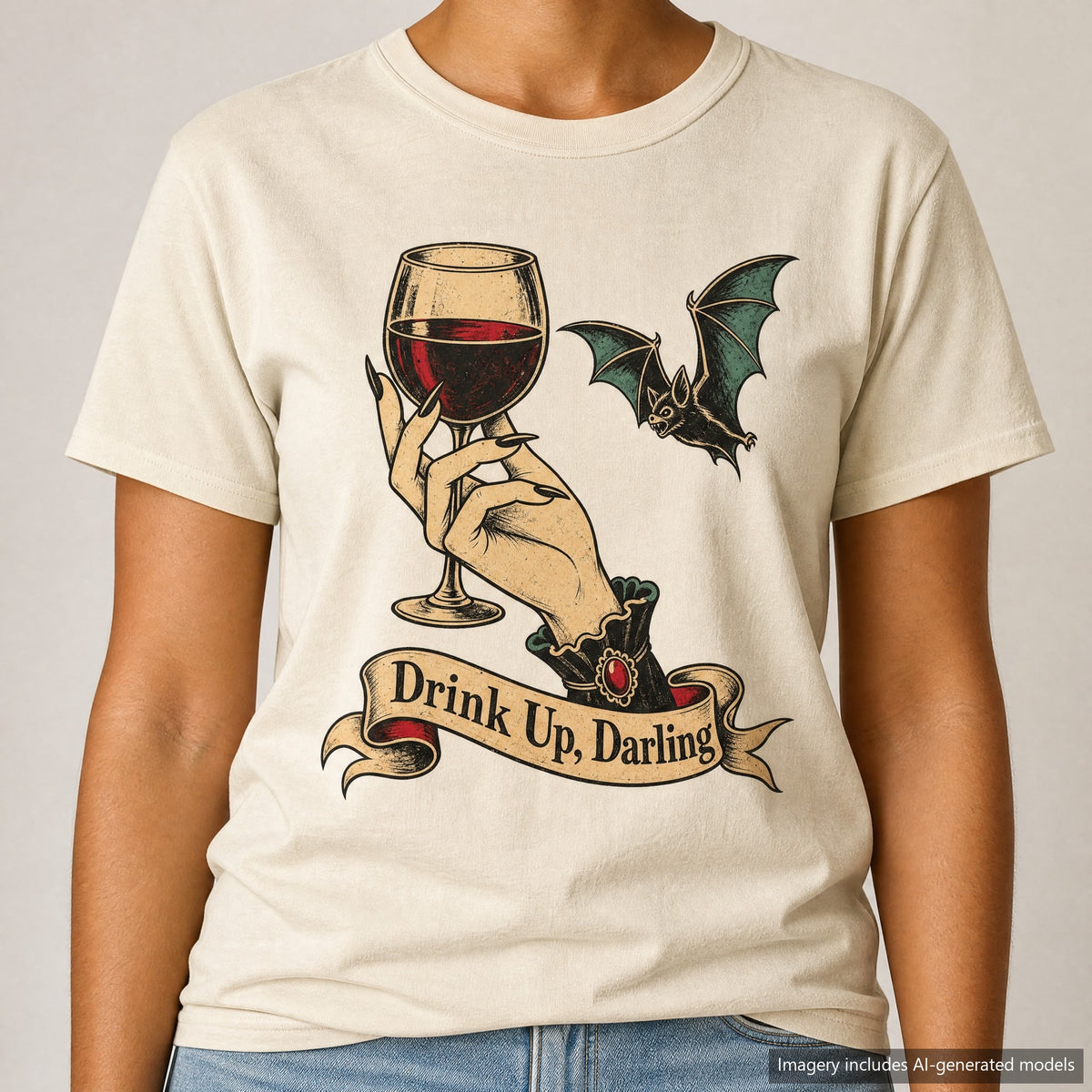 Drink Up Darling T-shirt, laid flat
