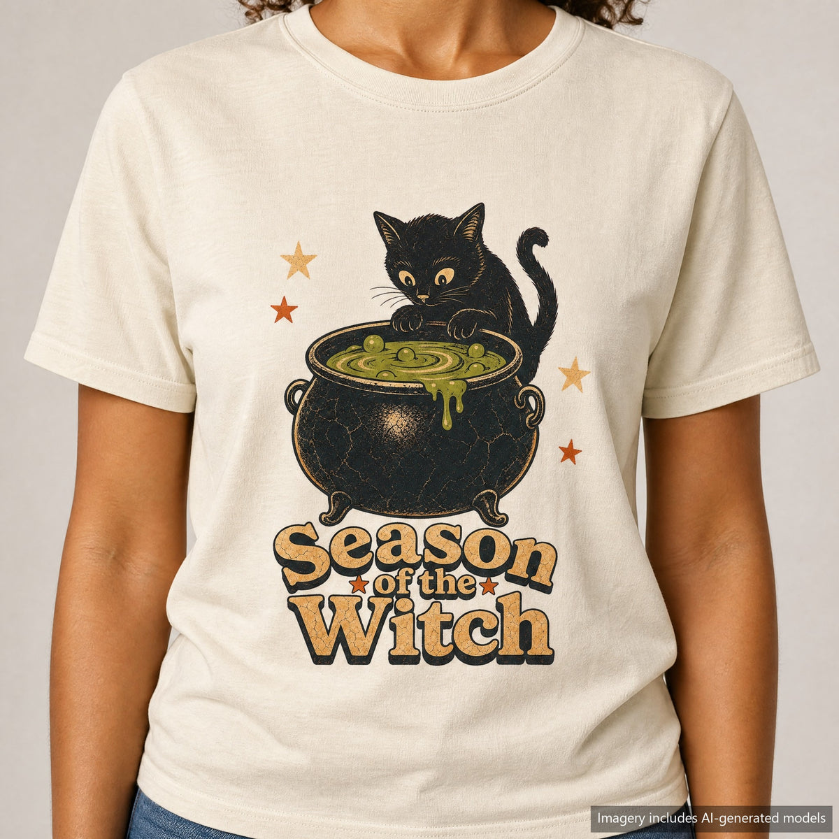 Season of the Witch Black Cat T-shirt, laid flat