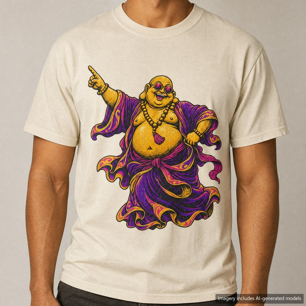 Disco Buddha T-shirt, laid flat