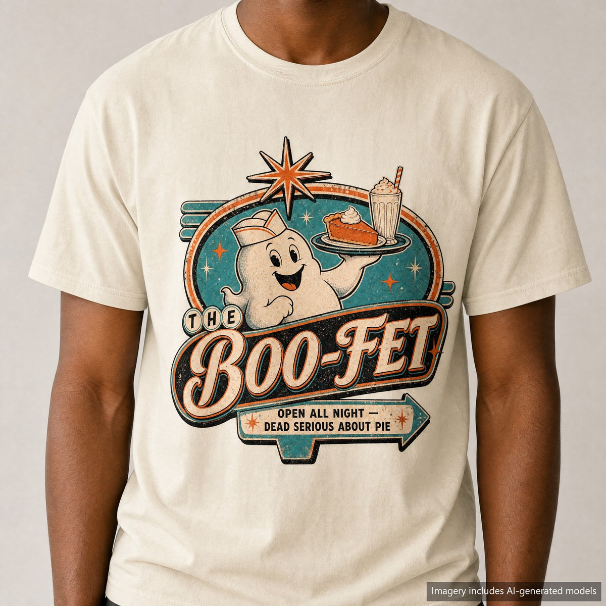 Ghost Diner Sign T-shirt, laid flat