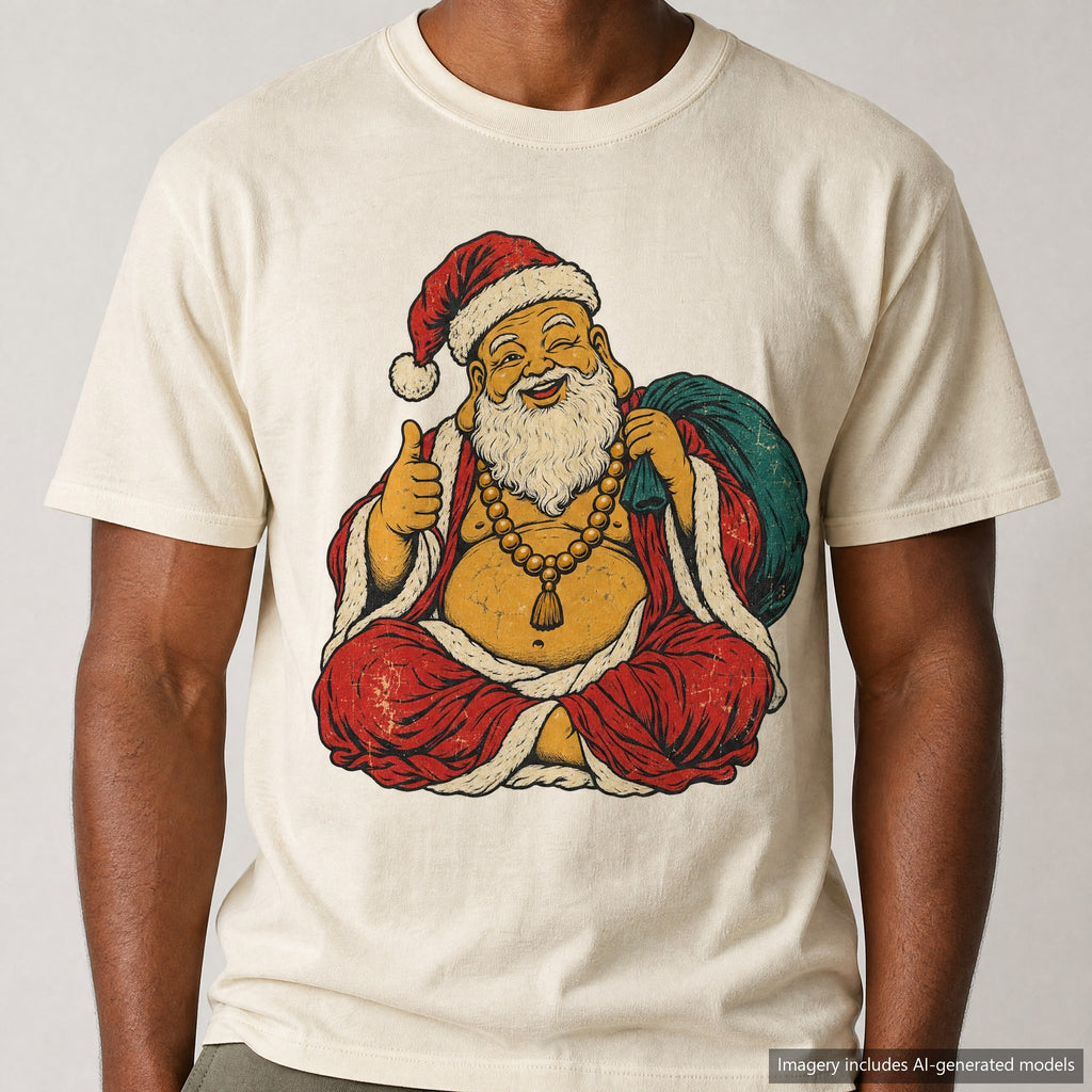 Buddha Santa T-shirt, laid flat
