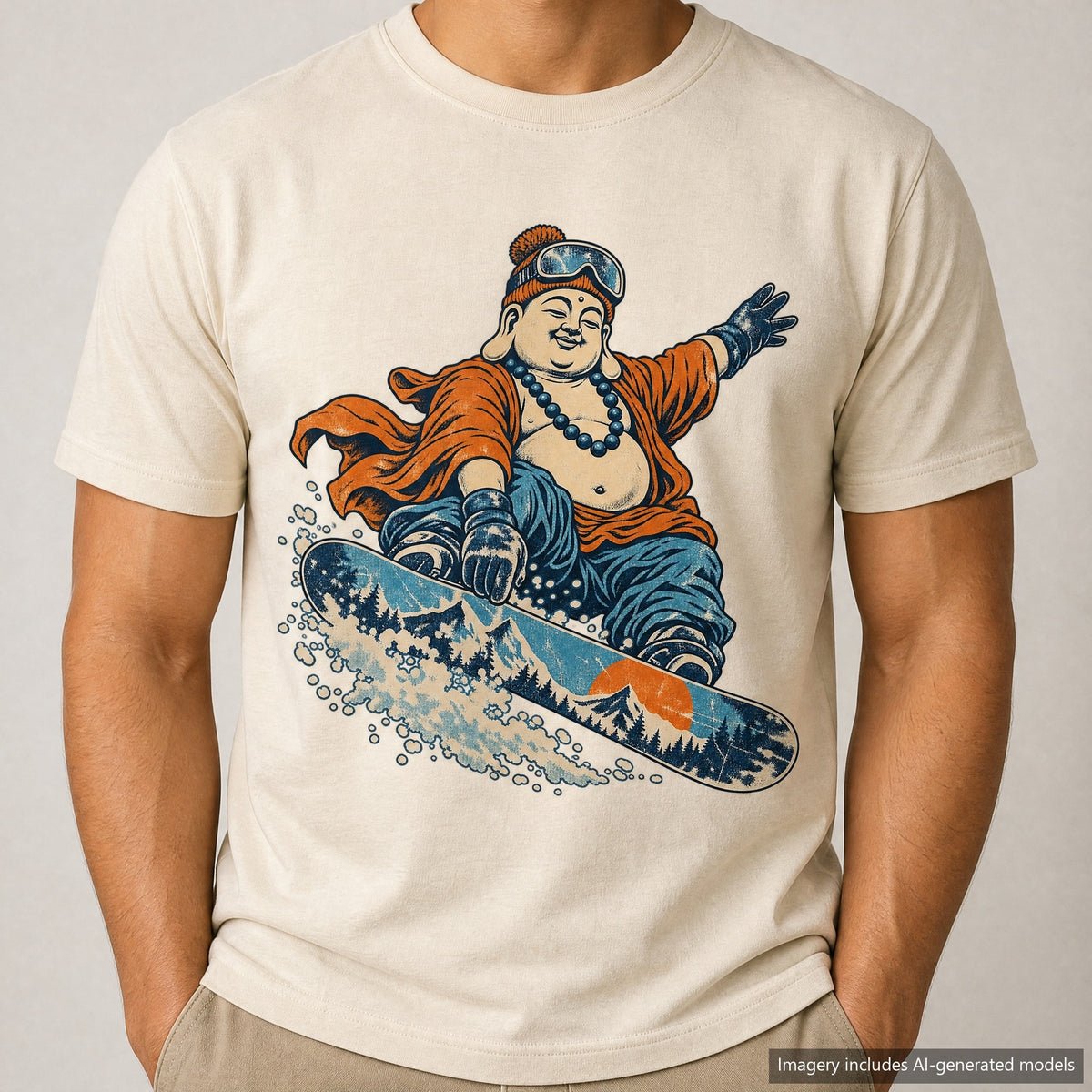 Snowboarding Buddha T-shirt, laid flat