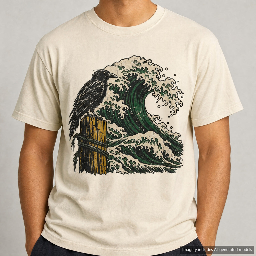 Crow Great Wave T-shirt, laid flat