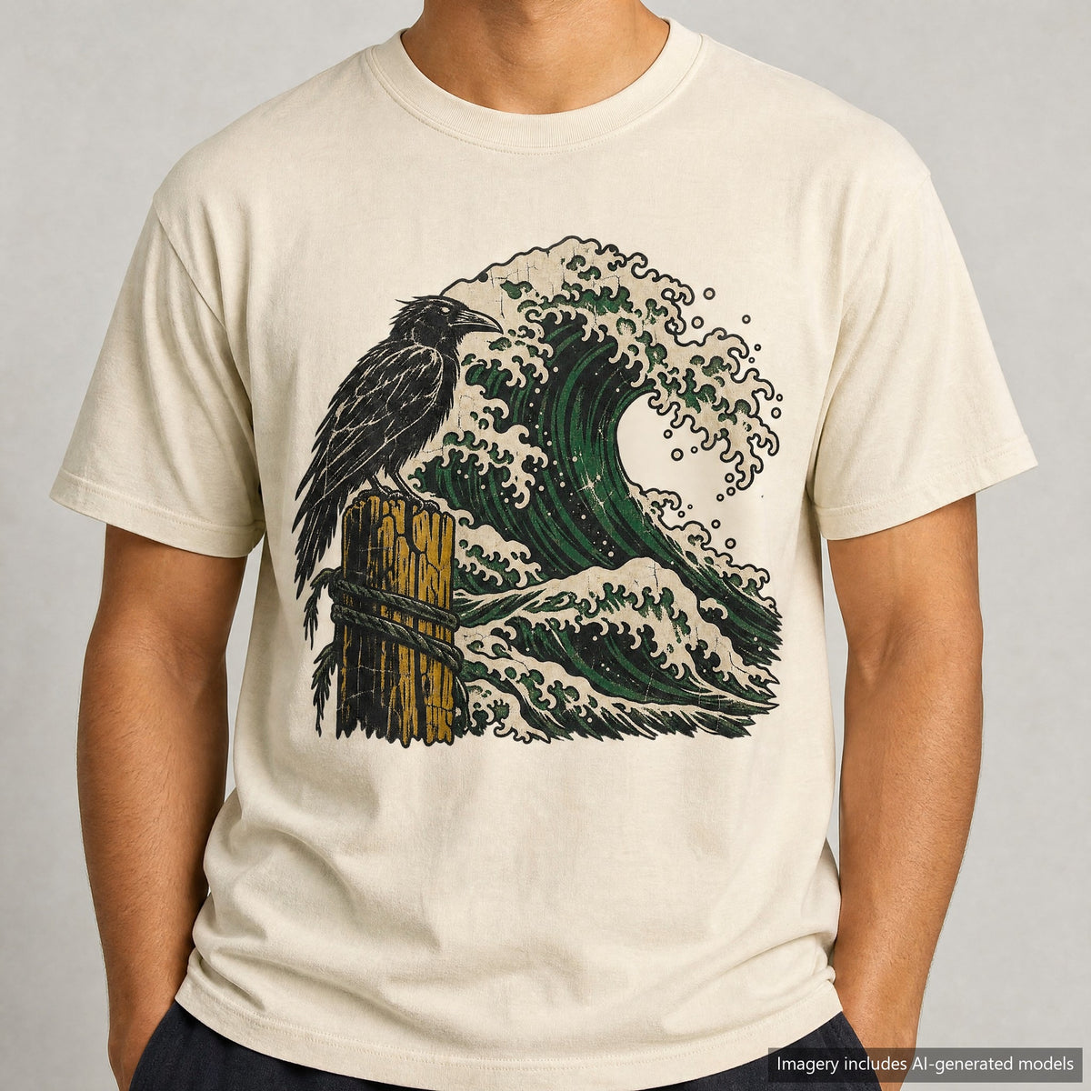 Crow Great Wave T-shirt, laid flat