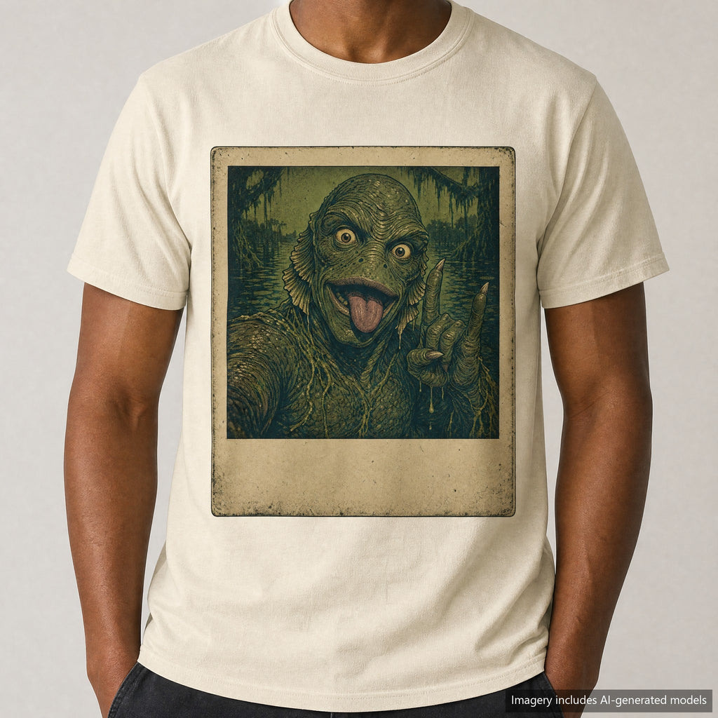 Swamp Creature Selfie T-shirt, laid flat