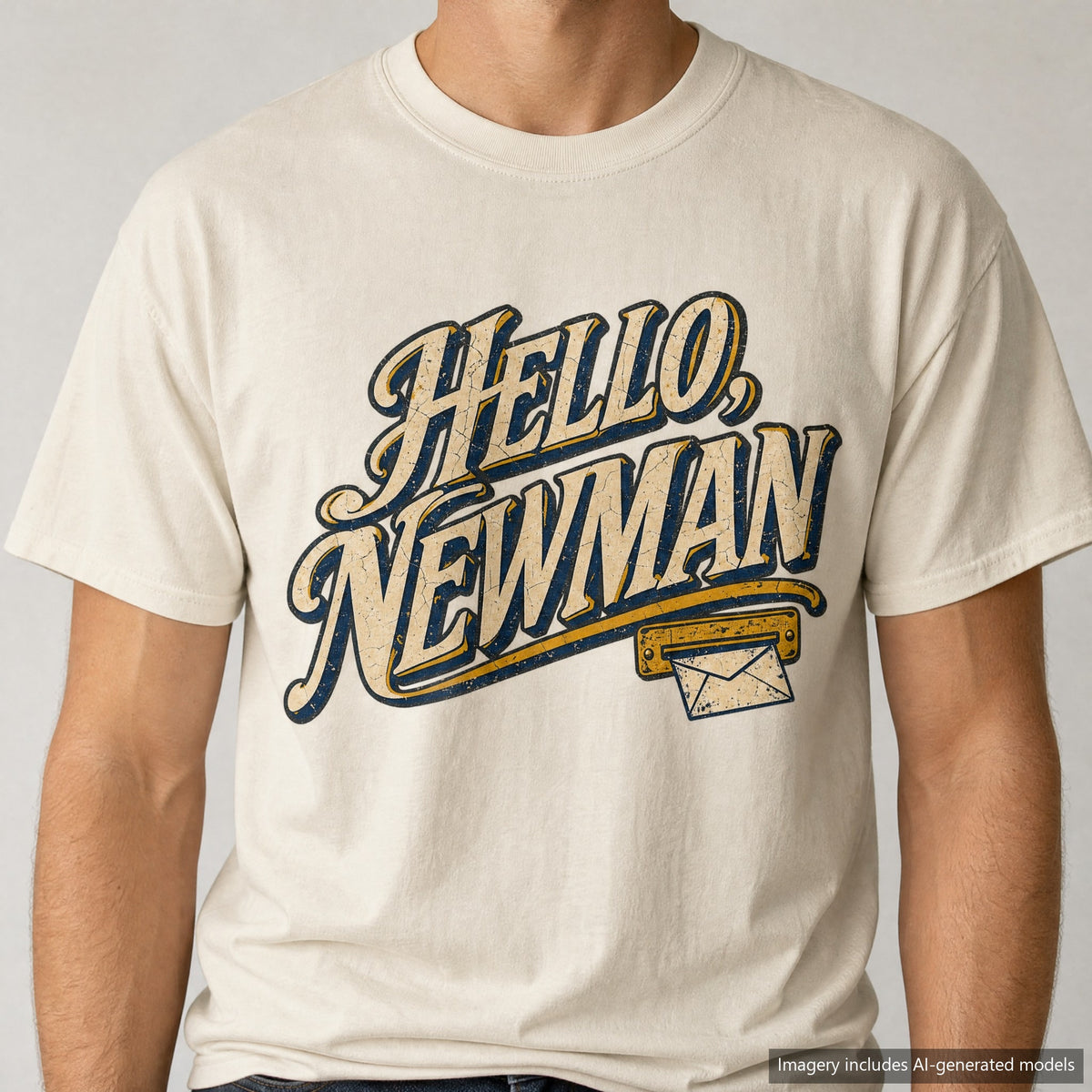 Hello Newman T-shirt, laid flat