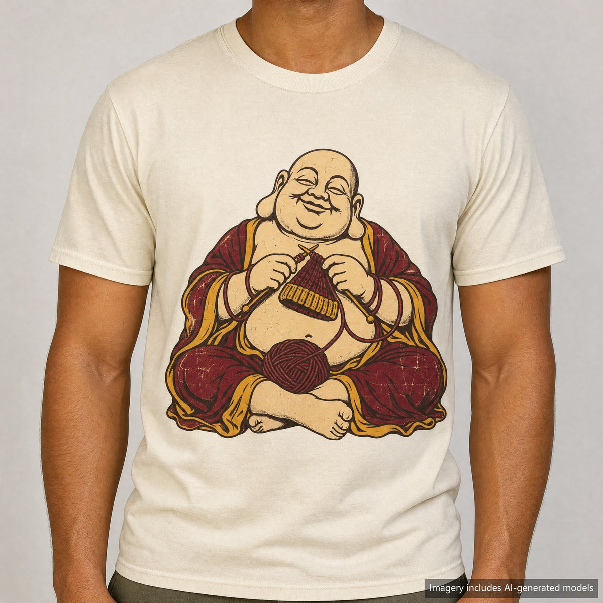 Knitting Buddha T-shirt, laid flat