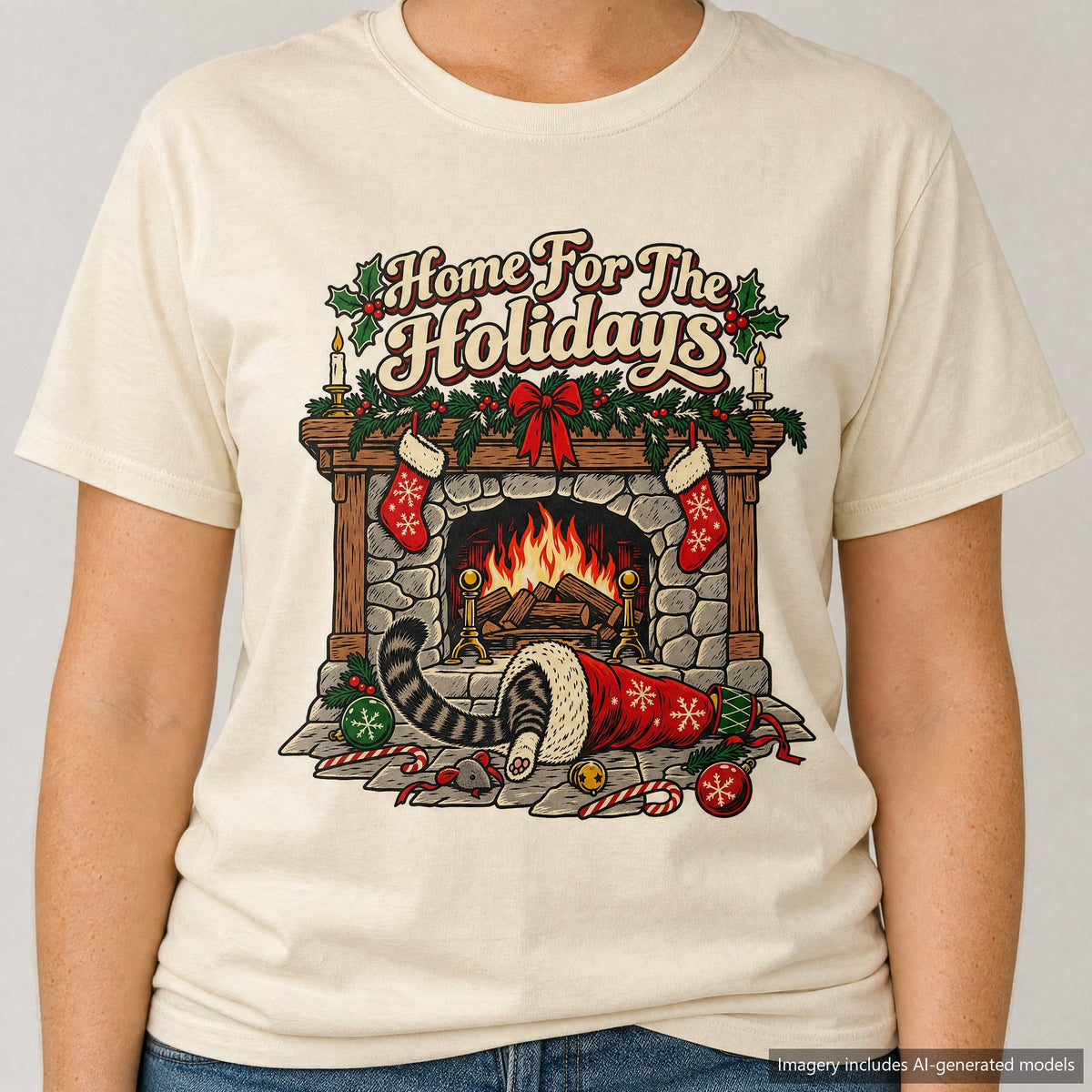 Home For The Holidays T-shirt, laid flat