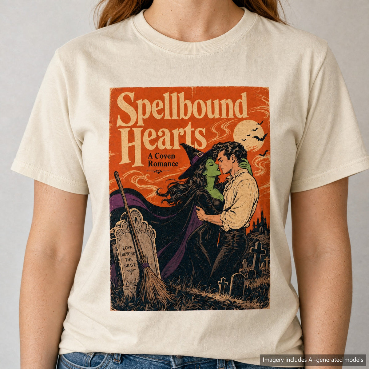 Spellbound Hearts Witch Romance Novel T-shirt, laid flat