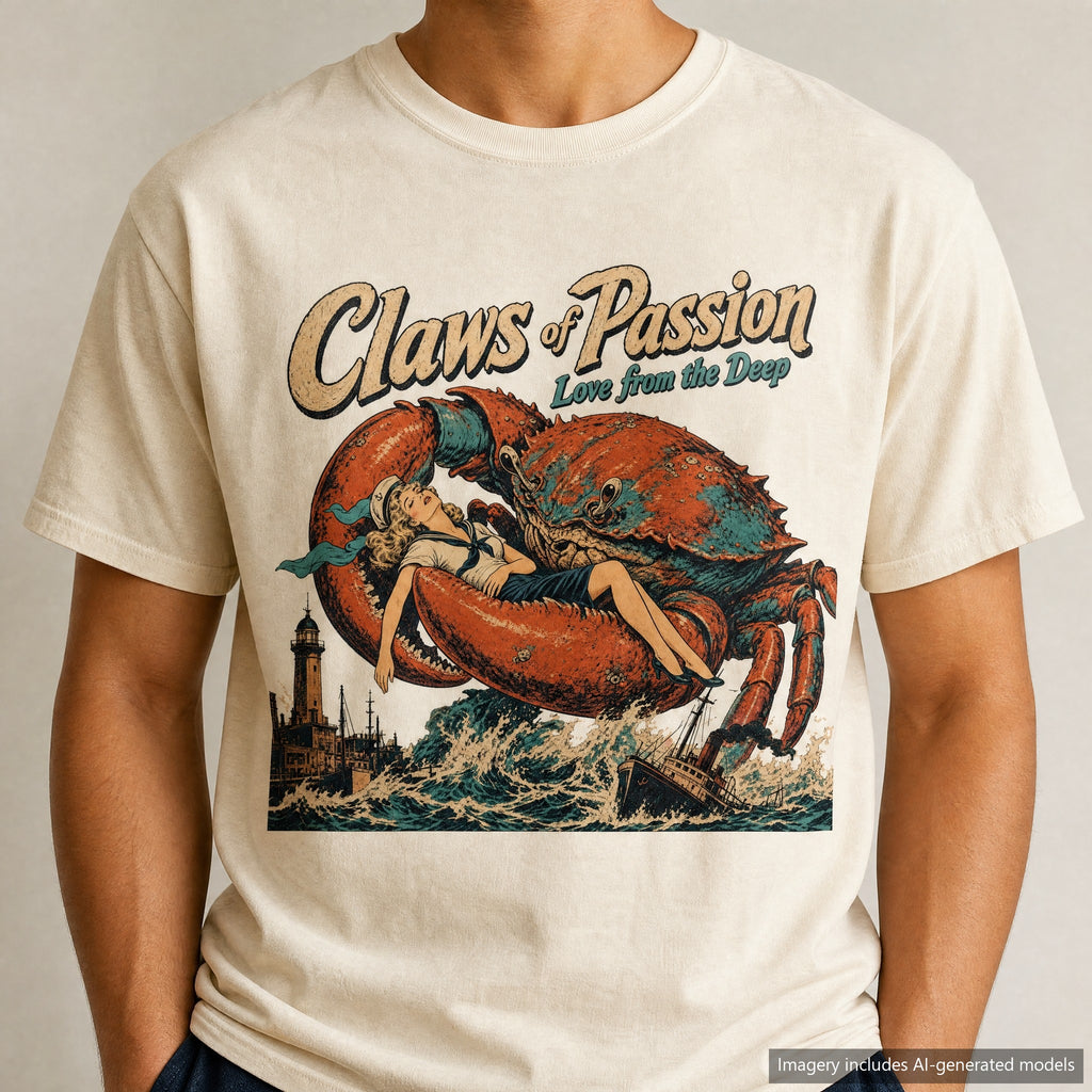Claws of Passion Kaiju Crab T-shirt, laid flat