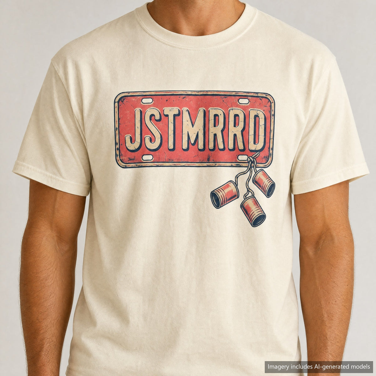 Just Married License Plate T-shirt, laid flat