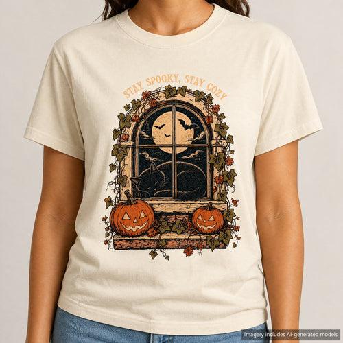Black Cat in Window T-shirt, laid flat