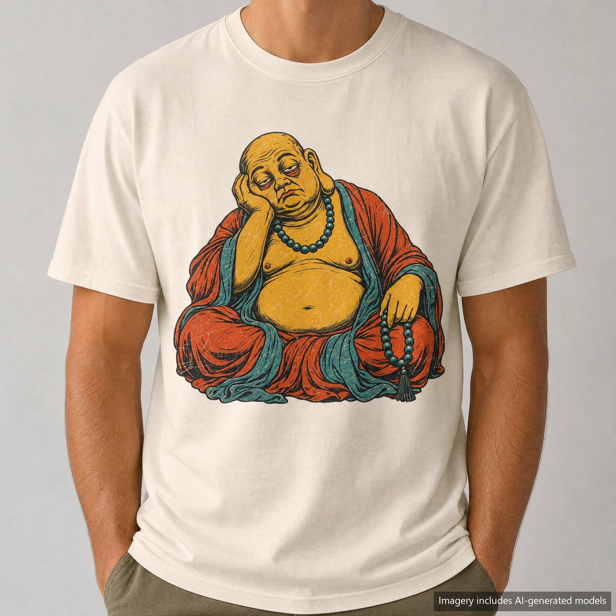Tired Buddha T-shirt, laid flat