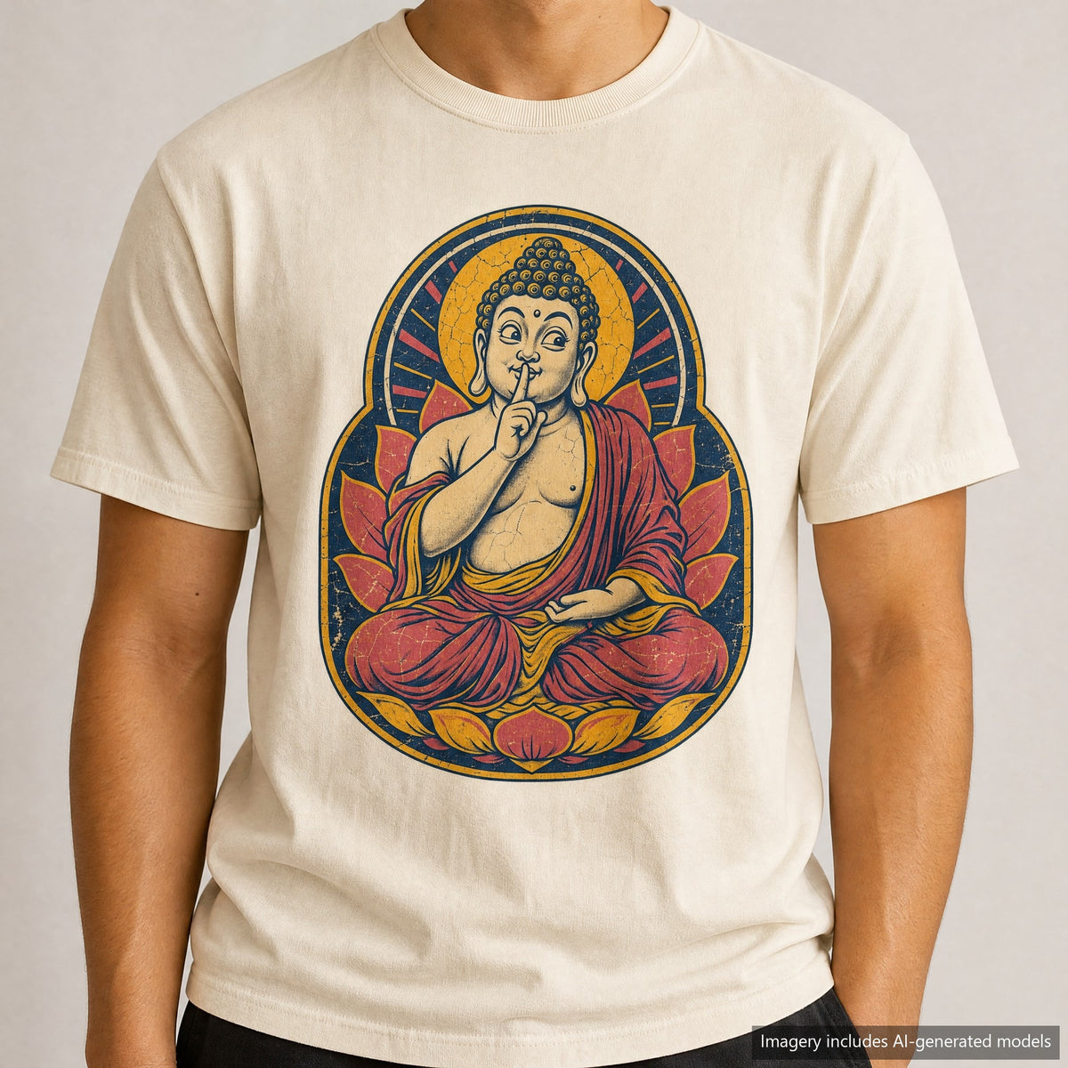 Shushing Buddha T-shirt, laid flat