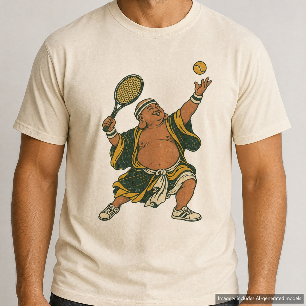 Tennis Buddha T-shirt, laid flat