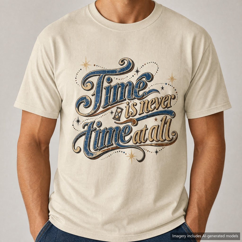 Time Is Never Time At All T-shirt, laid flat