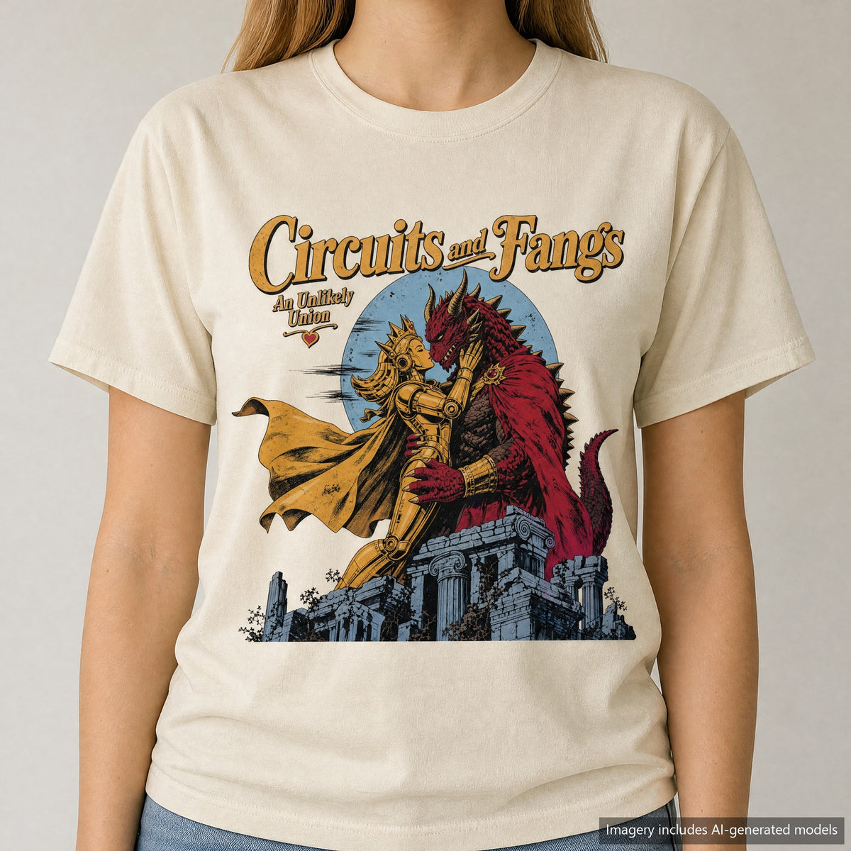 Circuits and Fangs T-shirt, laid flat