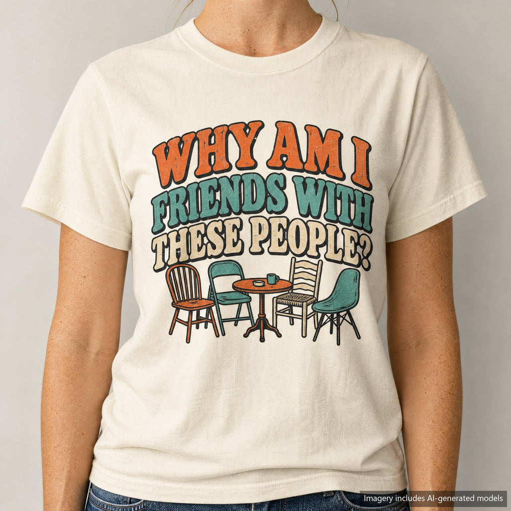 Why Am I Friends With These People T-shirt, laid flat