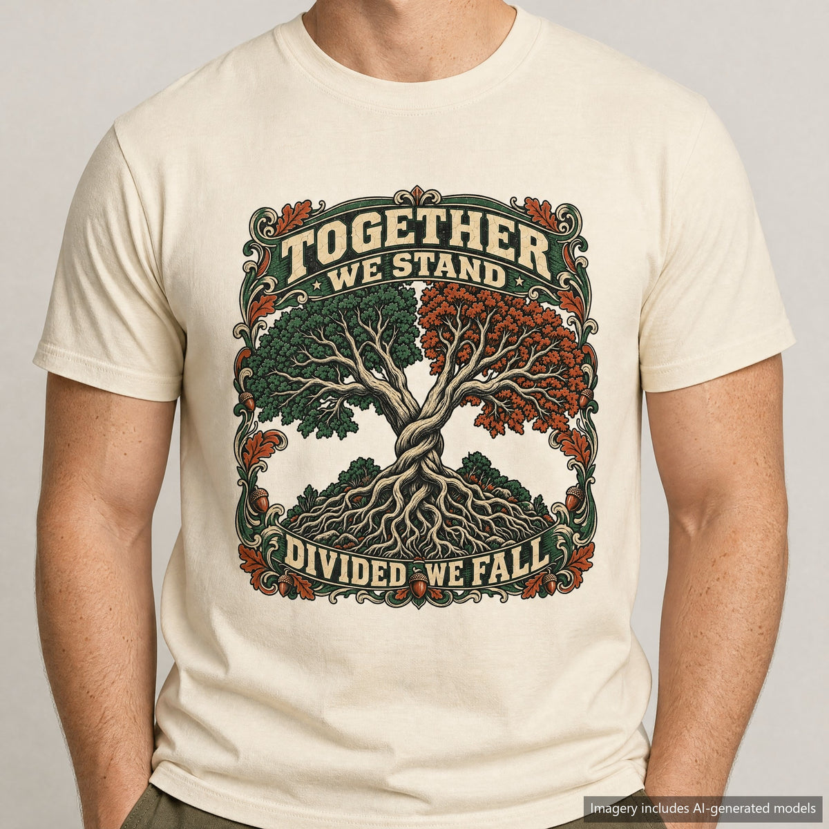 Together We Stand Divided We Fall Tree T-shirt, laid flat