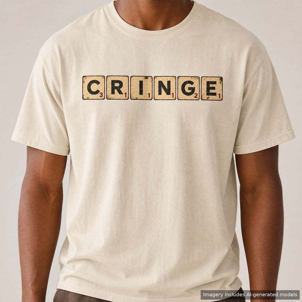 CRINGE Scrabble Tiles T-shirt, laid flat