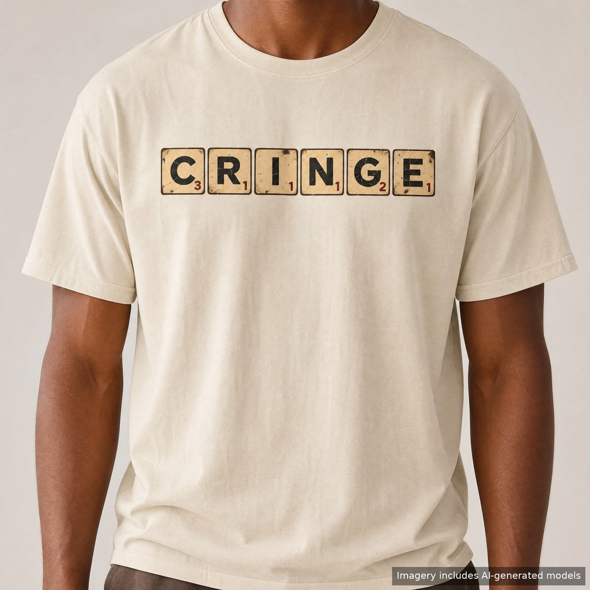 CRINGE Scrabble Tiles T-shirt, laid flat