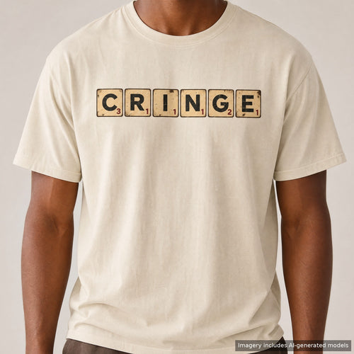CRINGE Scrabble Tiles T-shirt, laid flat