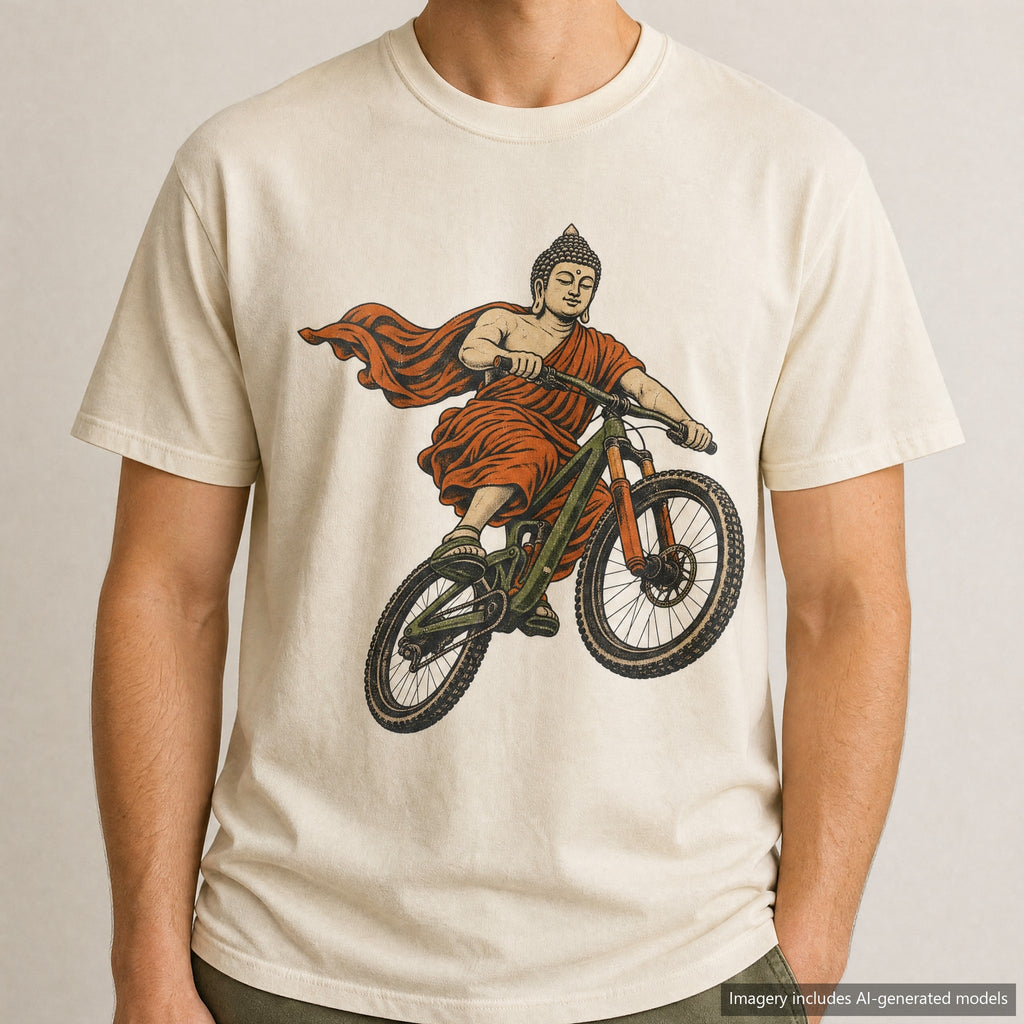 Buddha Mountain Bike T-shirt, laid flat