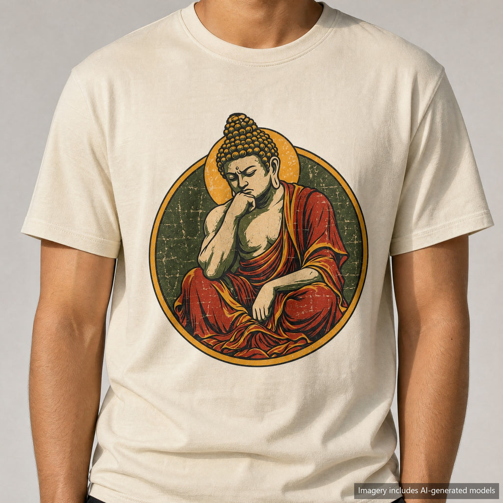 Buddha Thinker Pose T-shirt, laid flat