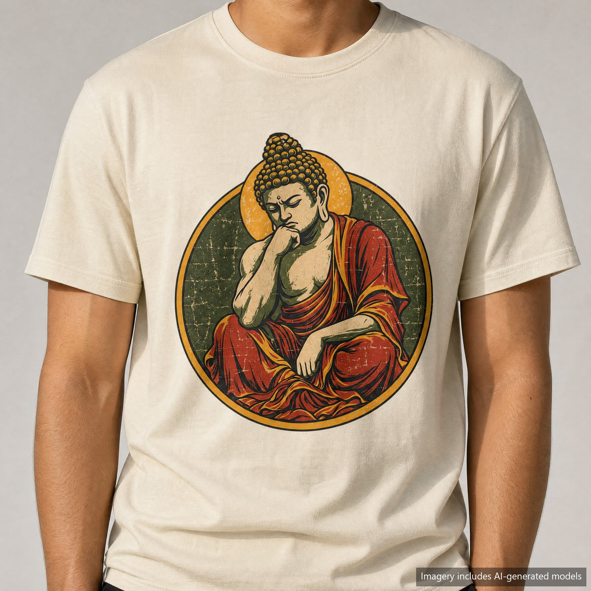 Buddha Thinker Pose T-shirt, laid flat