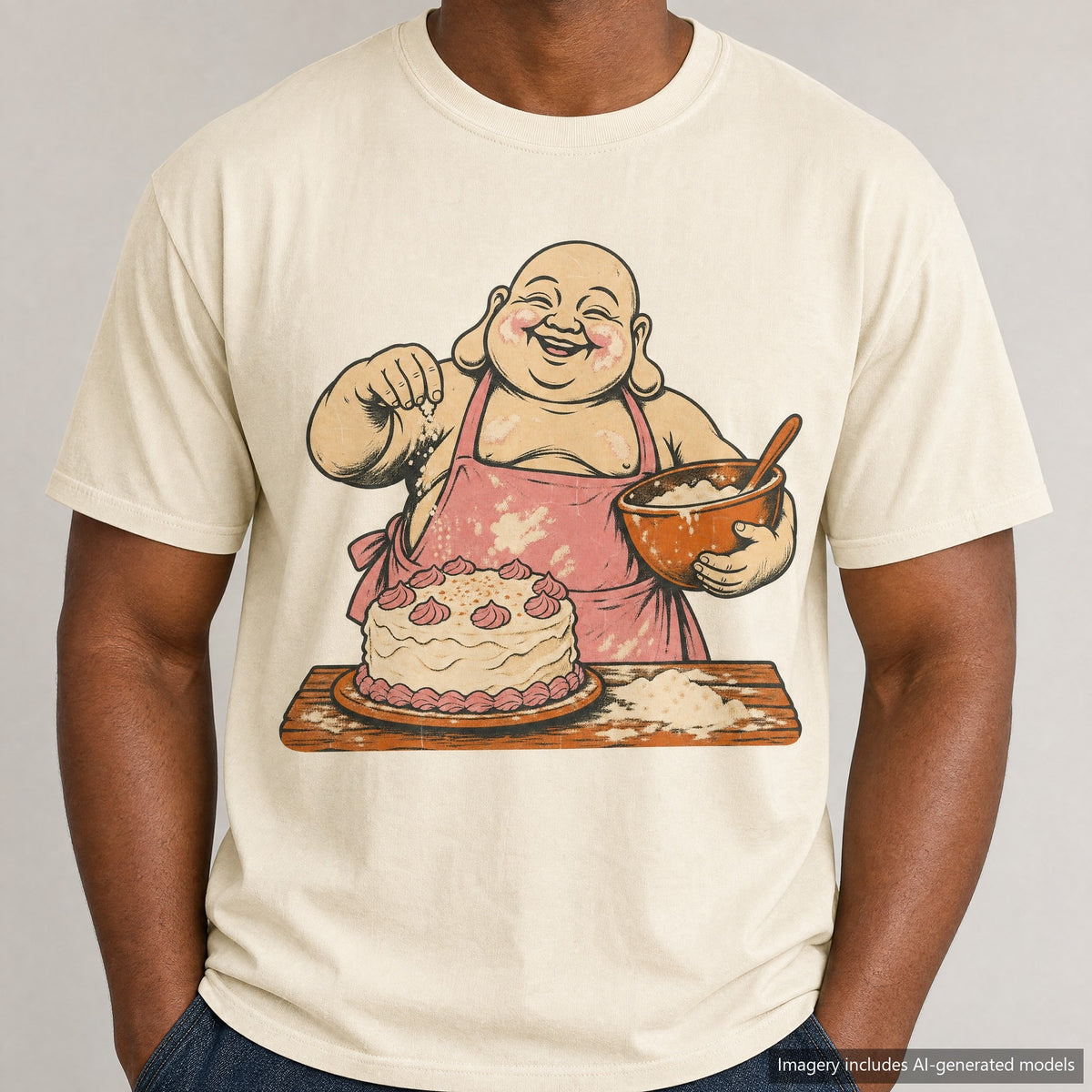 Buddha Baking Cake T-shirt, laid flat