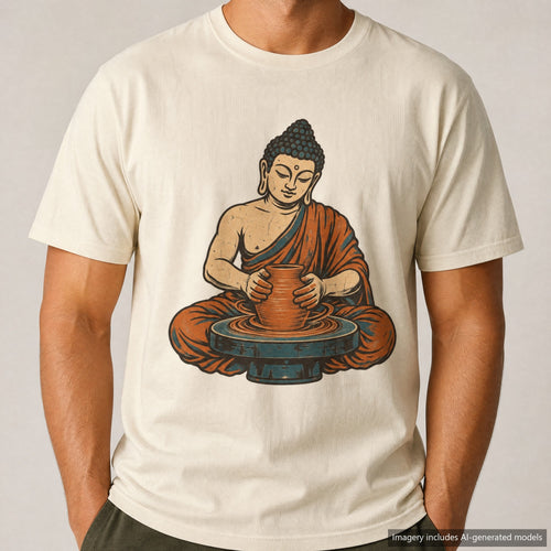 Buddha Pottery Wheel T-shirt, laid flat