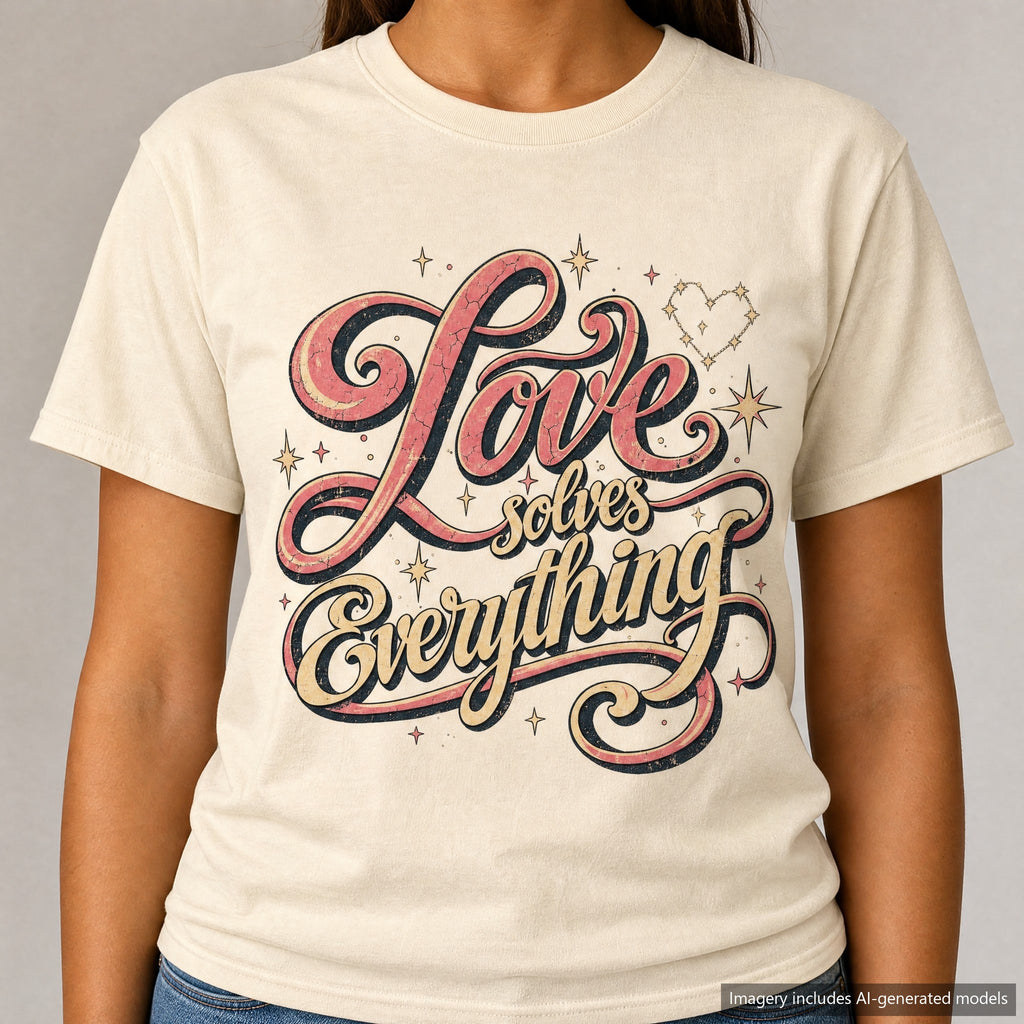 Love Solves Everything T-shirt, laid flat
