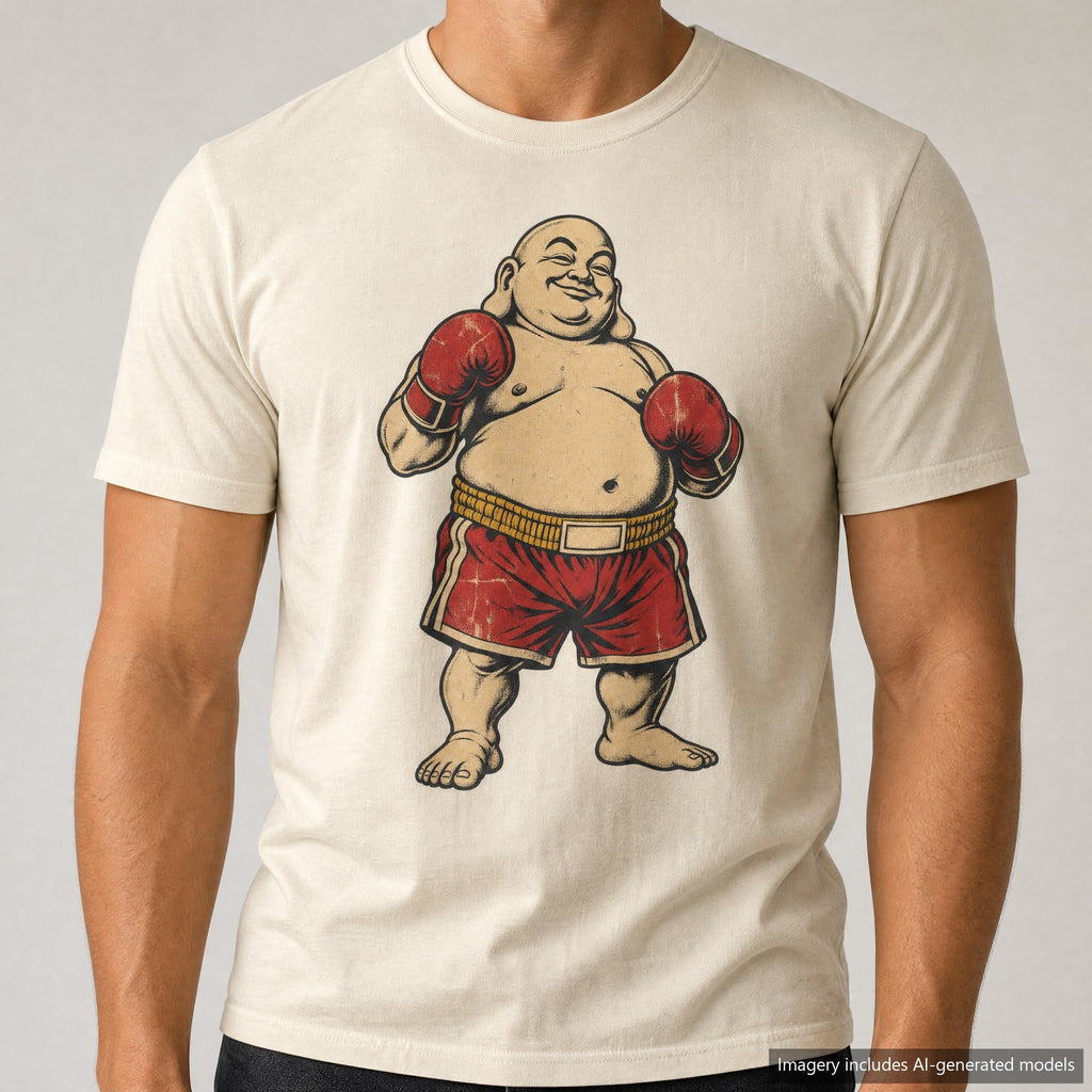Boxing Buddha T-shirt, laid flat