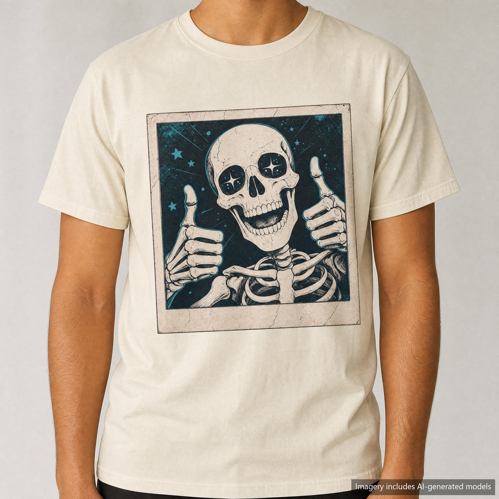 Skeleton Selfie T-shirt, laid flat