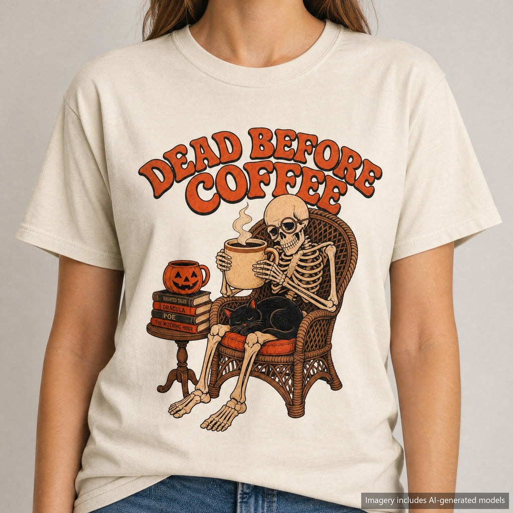 Dead Before Coffee Skeleton T-shirt, laid flat
