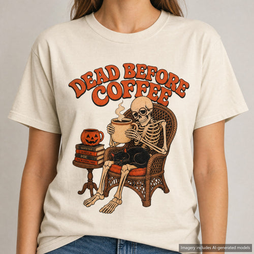 Dead Before Coffee Skeleton T-shirt, laid flat