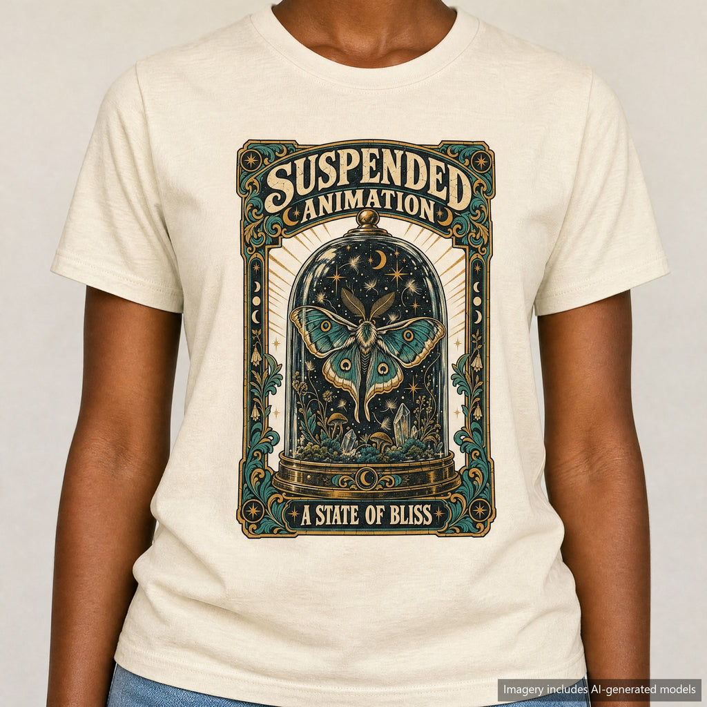 Suspended Animation Moth T-shirt, laid flat