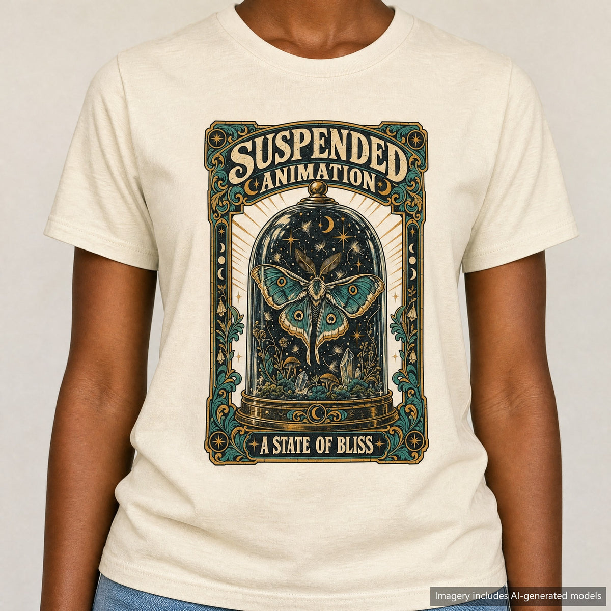 Suspended Animation Moth T-shirt, laid flat