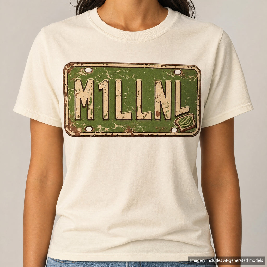 M1LLNL License Plate T-shirt, laid flat