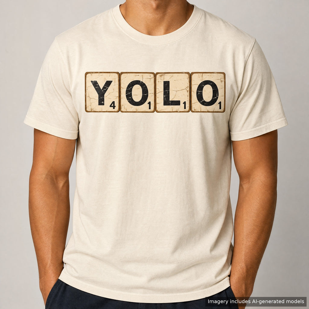 YOLO Scrabble Tiles T-shirt, laid flat