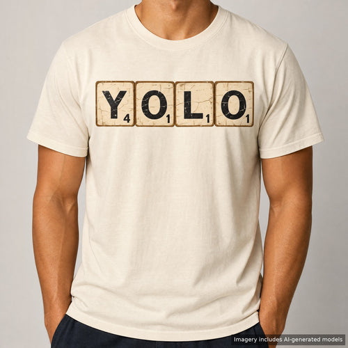 YOLO Scrabble Tiles T-shirt, laid flat