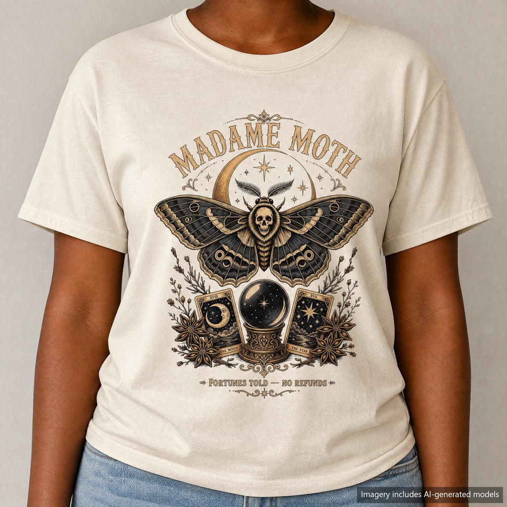 Moth Fortune Teller T-shirt, laid flat