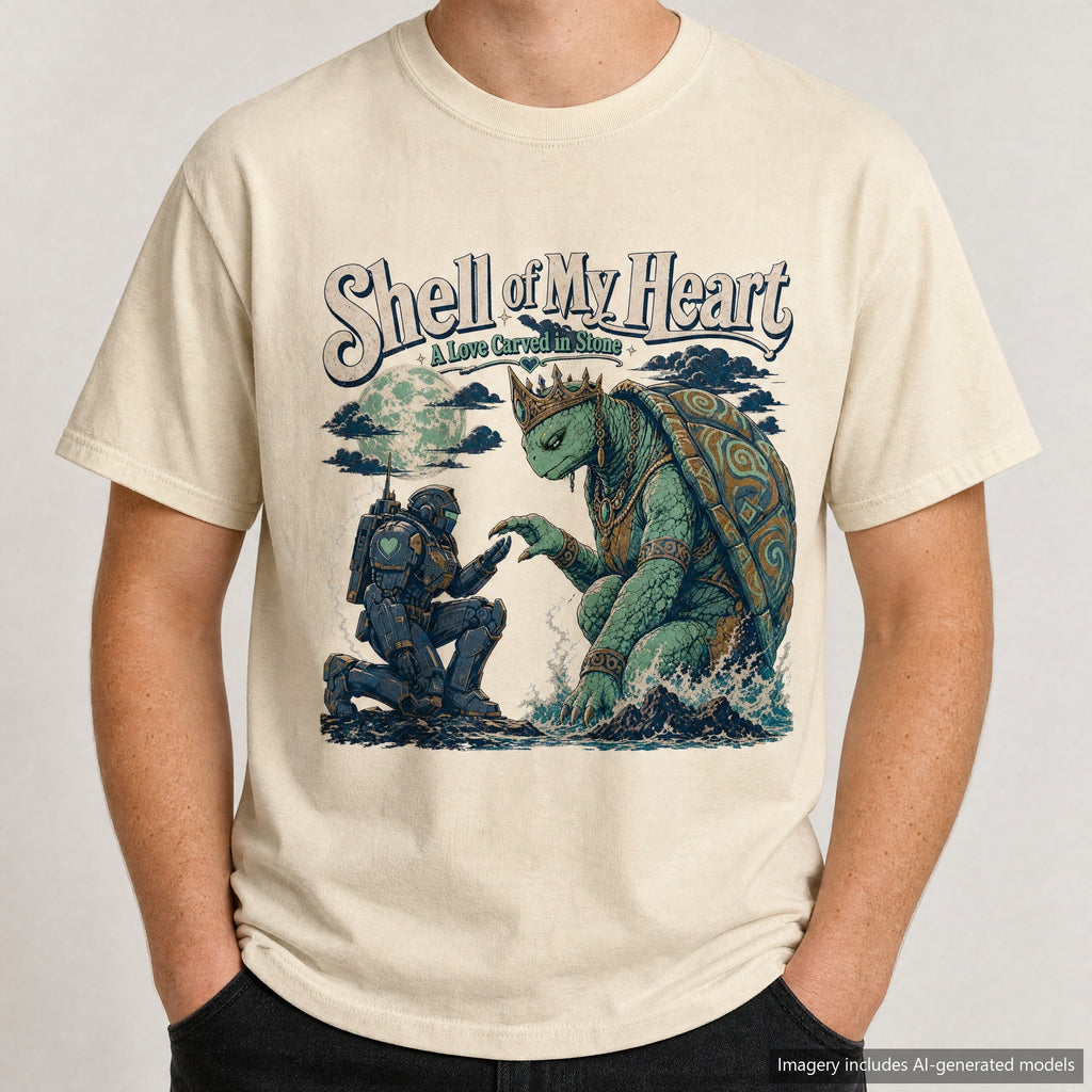 Shell of My Heart Kaiju Romance Novel T-shirt, laid flat