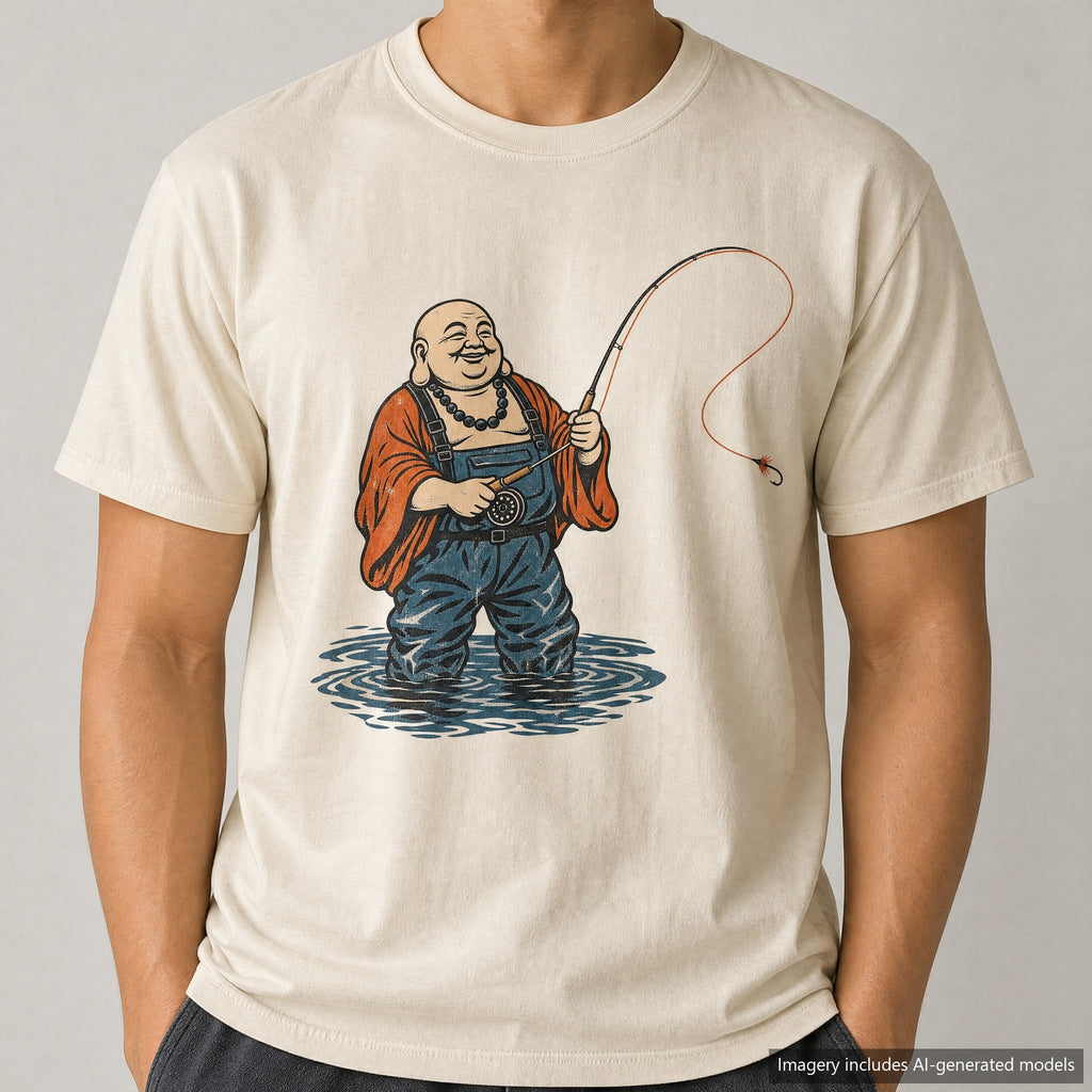Buddha Fly Fishing T-shirt, laid flat