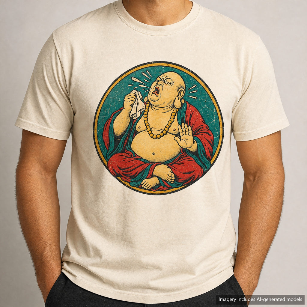 Sneezing Buddha T-shirt, laid flat
